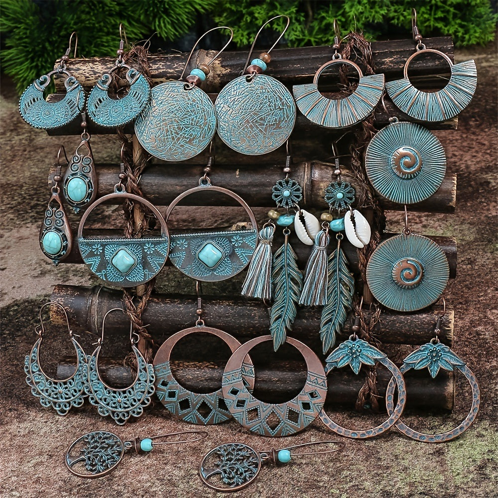 Retro Style Bronze Smeared Blue Series Set Round Hollow Peach-shaped Geometric Ethnic Style Pendant With Turquoise Embellishment U-shaped Ear Hook Hanging Mixed Style