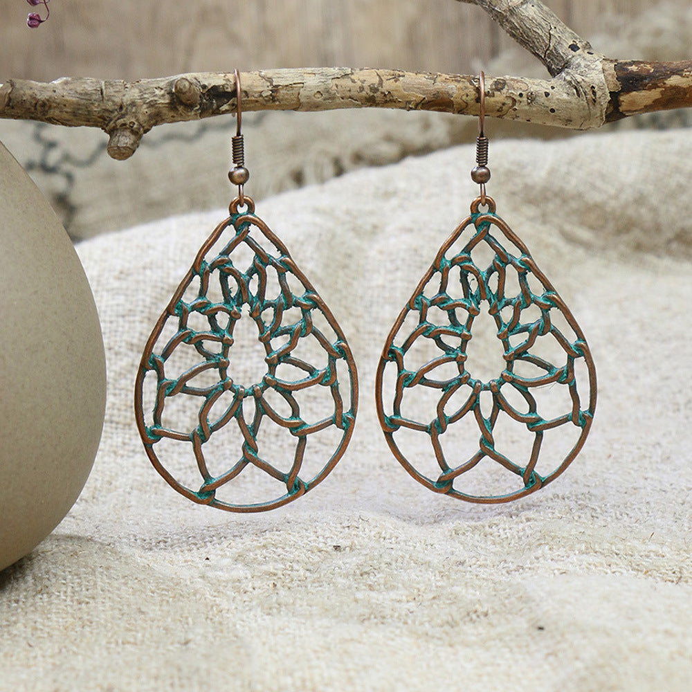 Retro Style Bronze Smeared Blue Series Set Round Hollow Peach-shaped Geometric Ethnic Style Pendant With Turquoise Embellishment U-shaped Ear Hook Hanging Mixed Style