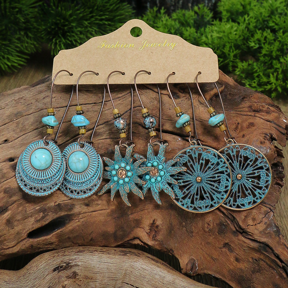 Retro Style Bronze Smeared Blue Series Set Round Hollow Peach-shaped Geometric Ethnic Style Pendant With Turquoise Embellishment U-shaped Ear Hook Hanging Mixed Style