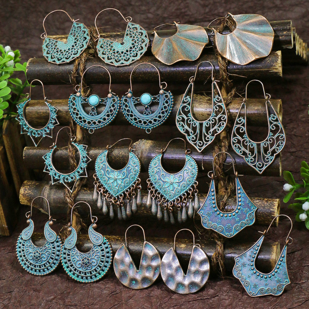 Retro Style Bronze Smeared Blue Series Set Round Hollow Peach-shaped Geometric Ethnic Style Pendant With Turquoise Embellishment U-shaped Ear Hook Hanging Mixed Style