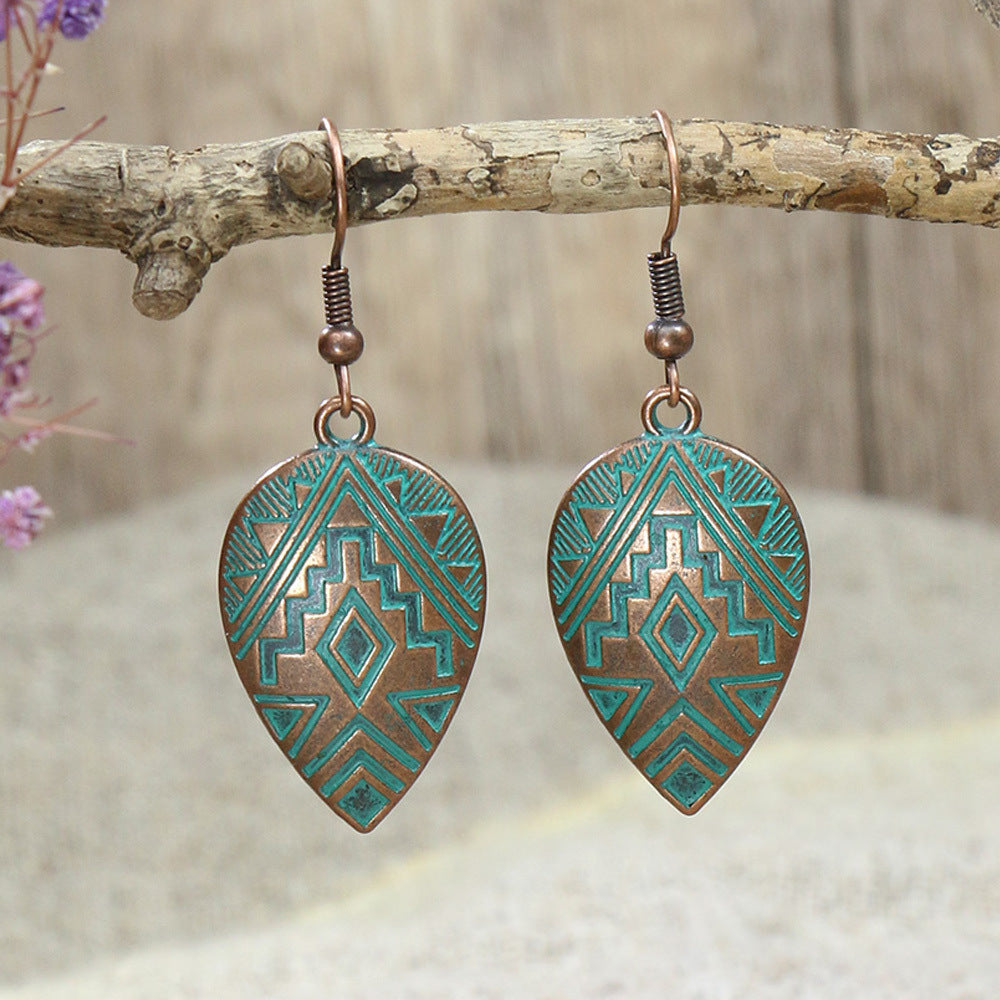 Retro Style Bronze Smeared Blue Series Set Round Hollow Peach-shaped Geometric Ethnic Style Pendant With Turquoise Embellishment U-shaped Ear Hook Hanging Mixed Style