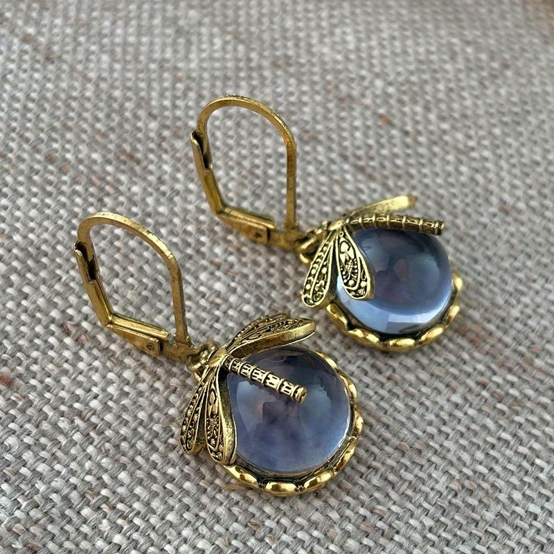 Vintage Metal Dragonfly Earrings Inky Blue Moonstone Brass Glass Cabochon Vintage Victorian Gifts For Women