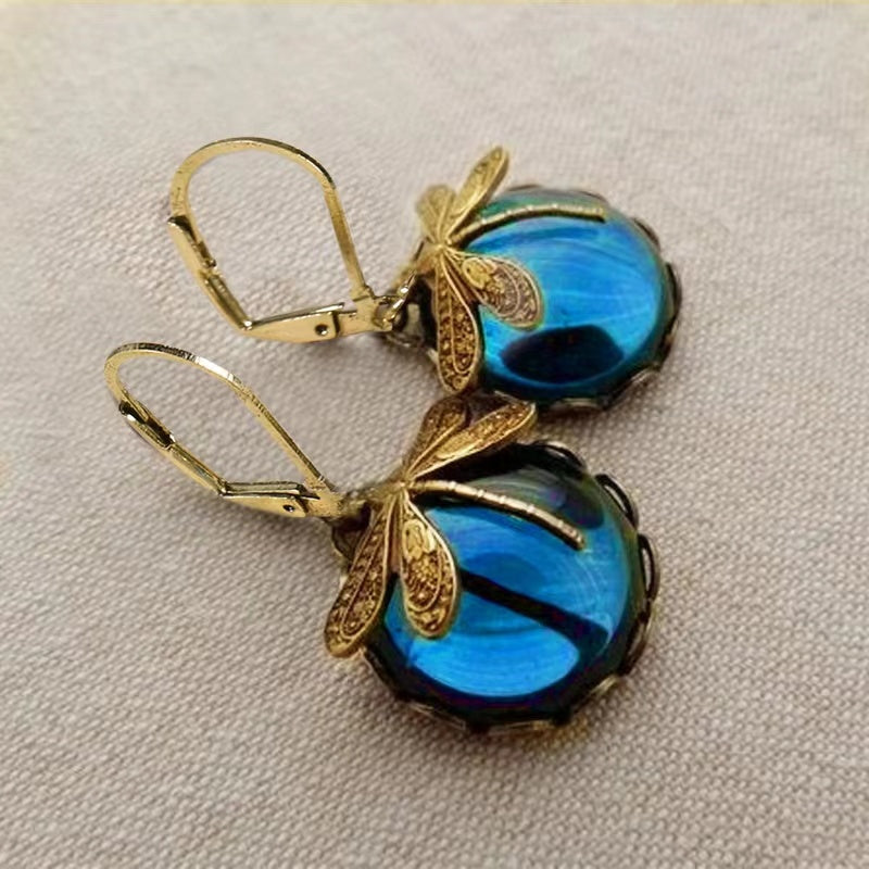 Vintage Metal Dragonfly Earrings Inky Blue Moonstone Brass Glass Cabochon Vintage Victorian Gifts For Women