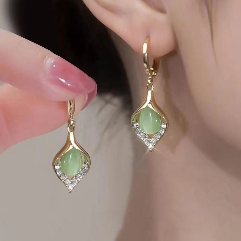 1 Pair Dangle Earrings; Green/White Opal Drop Style; Women's Jewelry