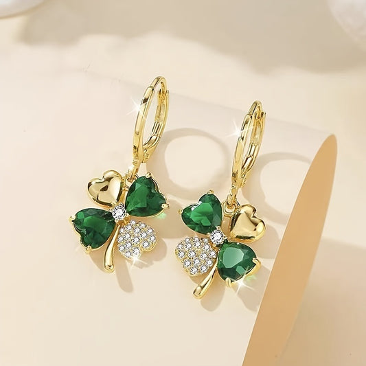 St Patrick's Day Green Gems Four Leaf Clover Drop Earrings 18K Gold Plated Good Luck Ornament For Women Girls Gift 1Pair