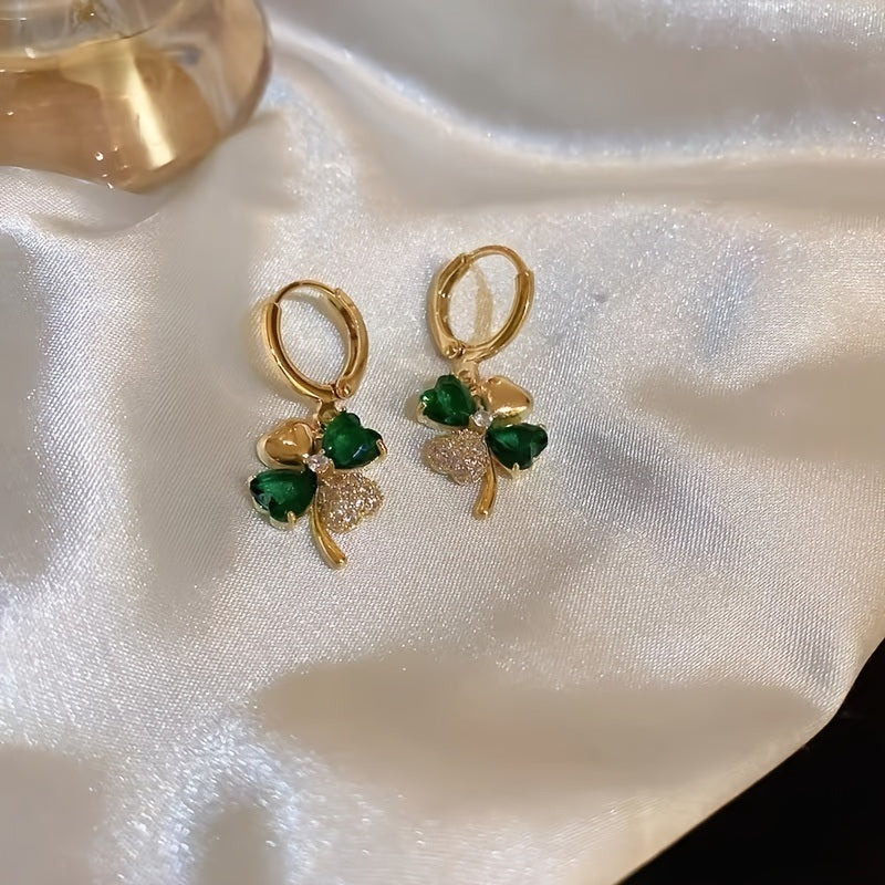 St Patrick's Day Green Gems Four Leaf Clover Drop Earrings 18K Gold Plated Good Luck Ornament For Women Girls Gift 1Pair