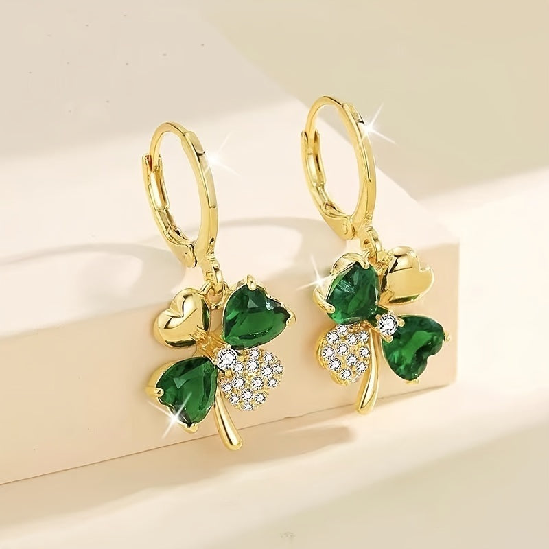 St Patrick's Day Green Gems Four Leaf Clover Drop Earrings 18K Gold Plated Good Luck Ornament For Women Girls Gift 1Pair