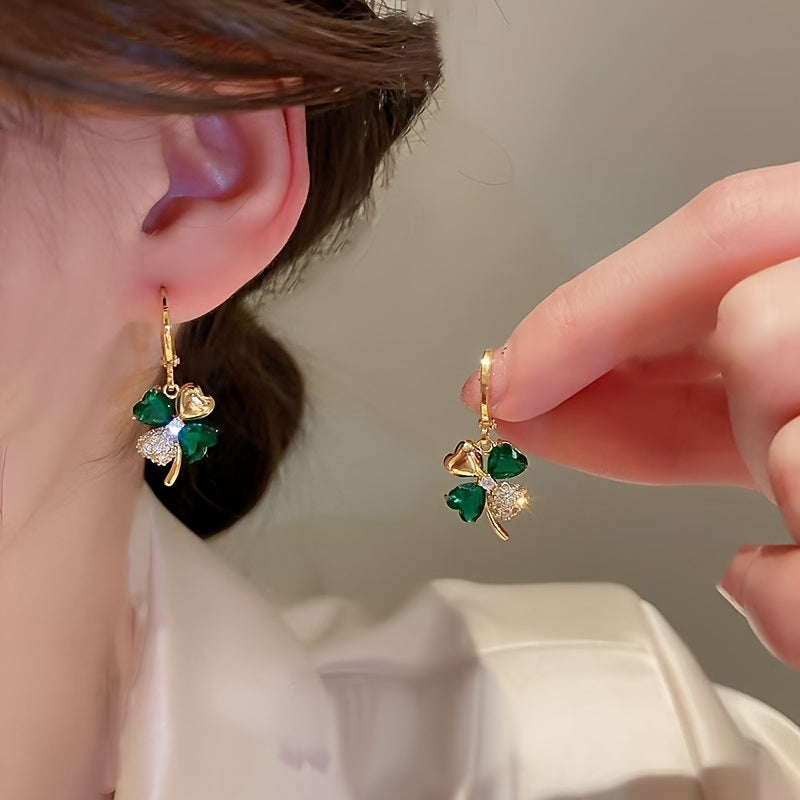 St Patrick's Day Green Gems Four Leaf Clover Drop Earrings 18K Gold Plated Good Luck Ornament For Women Girls Gift 1Pair