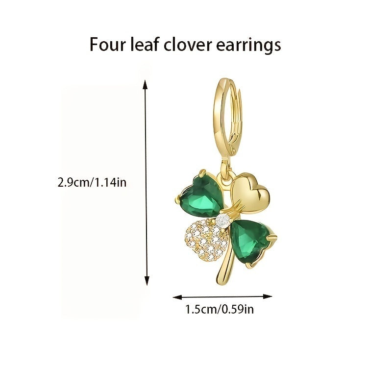 St Patrick's Day Green Gems Four Leaf Clover Drop Earrings 18K Gold Plated Good Luck Ornament For Women Girls Gift 1Pair