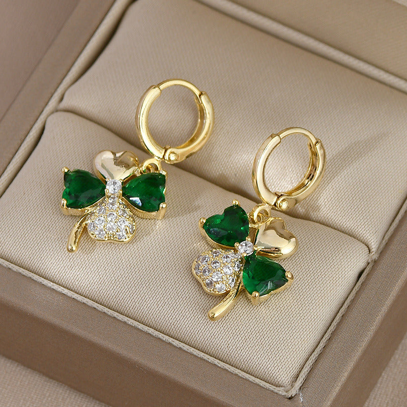 St Patrick's Day Green Gems Four Leaf Clover Drop Earrings 18K Gold Plated Good Luck Ornament For Women Girls Gift 1Pair