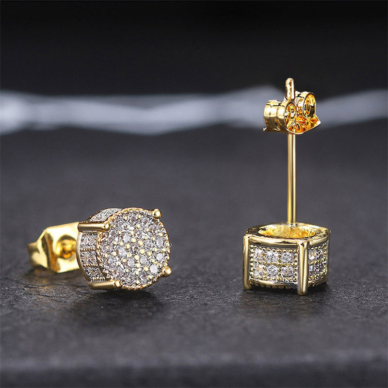 Fancy Round Shaped Stud Earrings Paved Shiny CZ Stone Silver Color/Golden Everyday Fashion Versatile Ear Jewelry For Men & Women