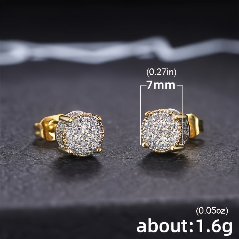 Fancy Round Shaped Stud Earrings Paved Shiny CZ Stone Silver Color/Golden Everyday Fashion Versatile Ear Jewelry For Men & Women