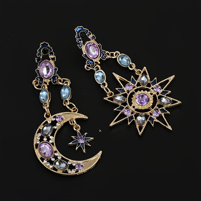 Sun Moon Stars Drop Earrings Rhinestone Punk Earrings For Women Jewelry Golden Boho Vintage Hollow Asymmetric Earrings