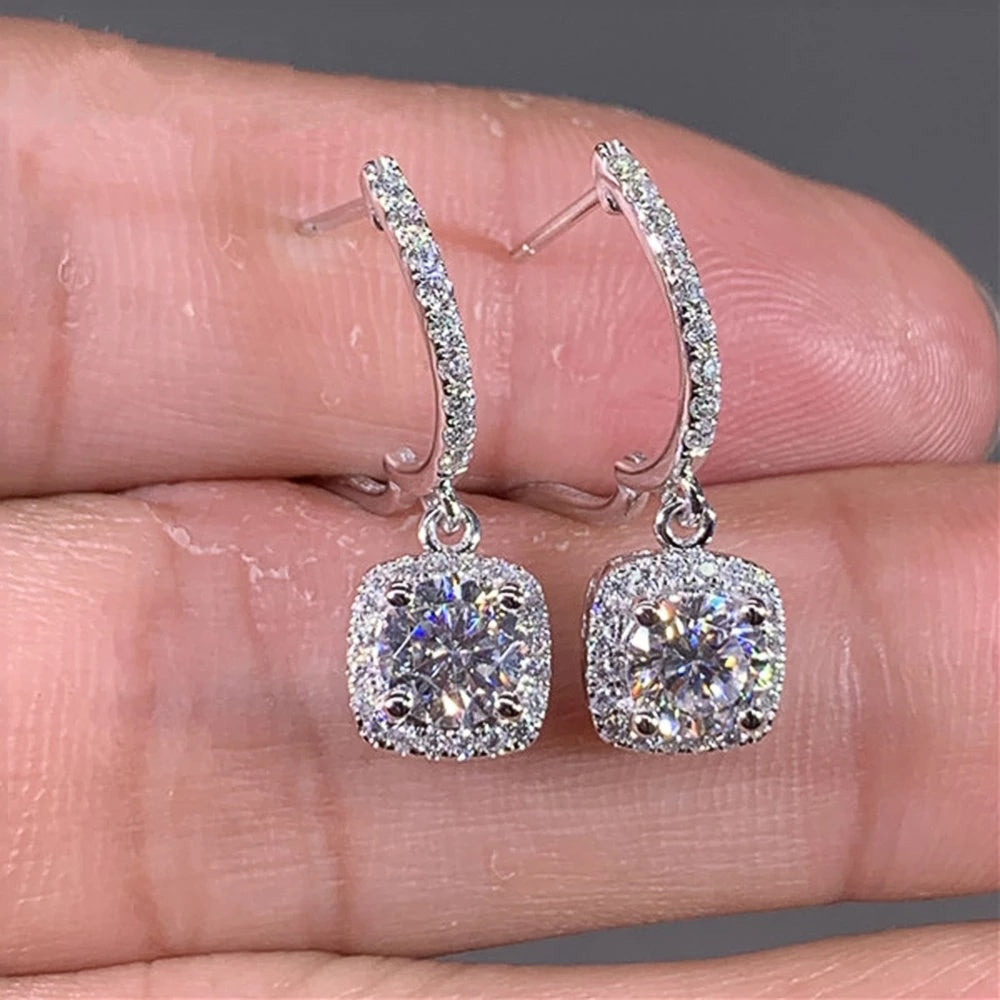 Elegant Silver Wedding Square Shape Women Drop Earrings