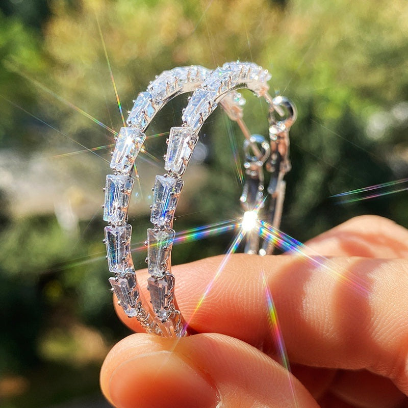 Fashion Silver Crystal Zircon Big Hoop Earrings