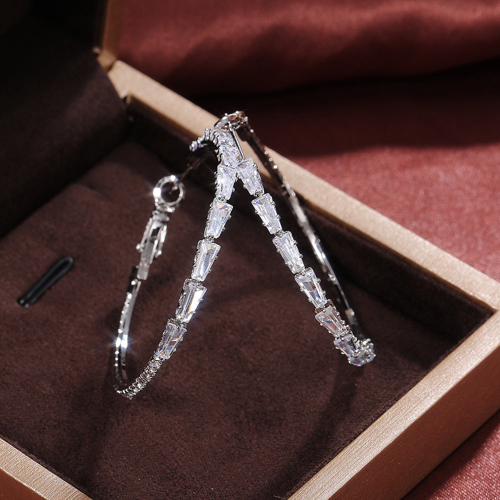 Fashion Silver Crystal Zircon Big Hoop Earrings