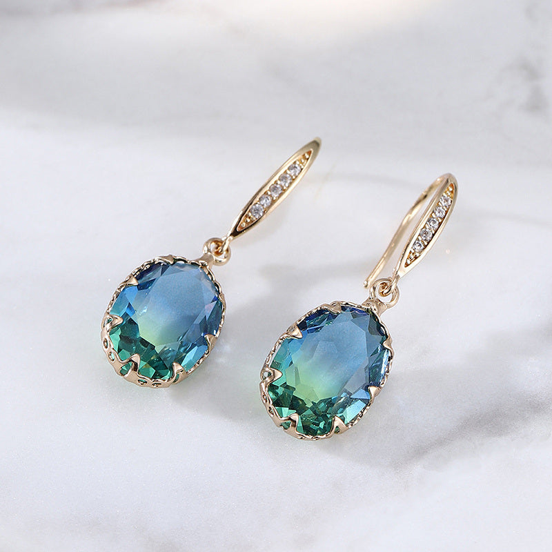 Bright Oval Gemstone Pendant Earrings Temperament Tourmaline Earrings For Women Girls