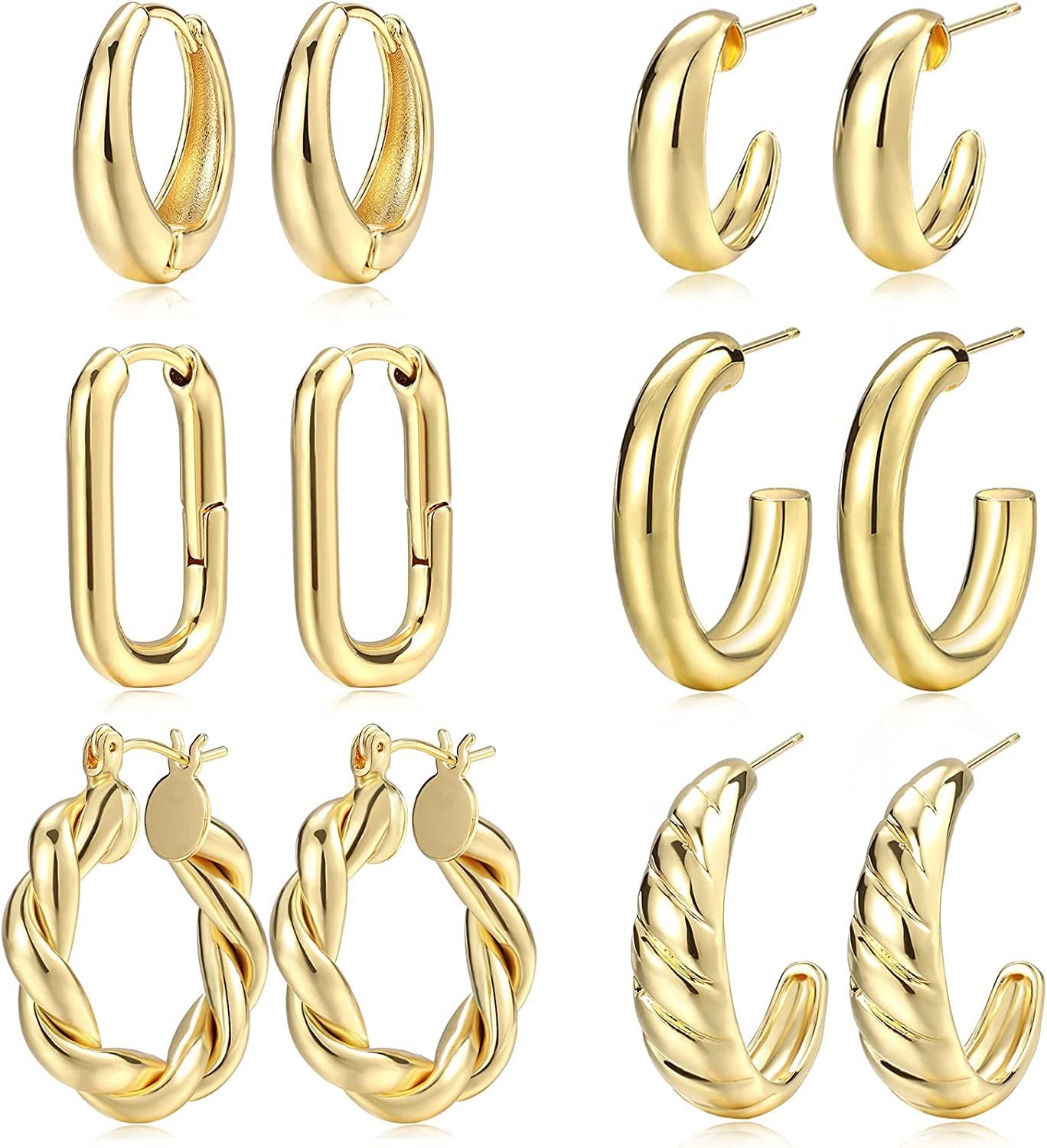 Gold Hoop Earrings Set for Women; 14K Gold Plated Lightweight Hypoallergenic Chunky Open Hoops Set for Gift