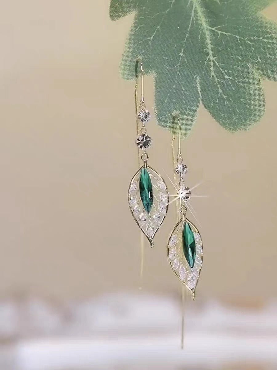 2023 new tide sparkle zircon green leaf tassel earrings light luxury senior fashion temperament earrings go with everything