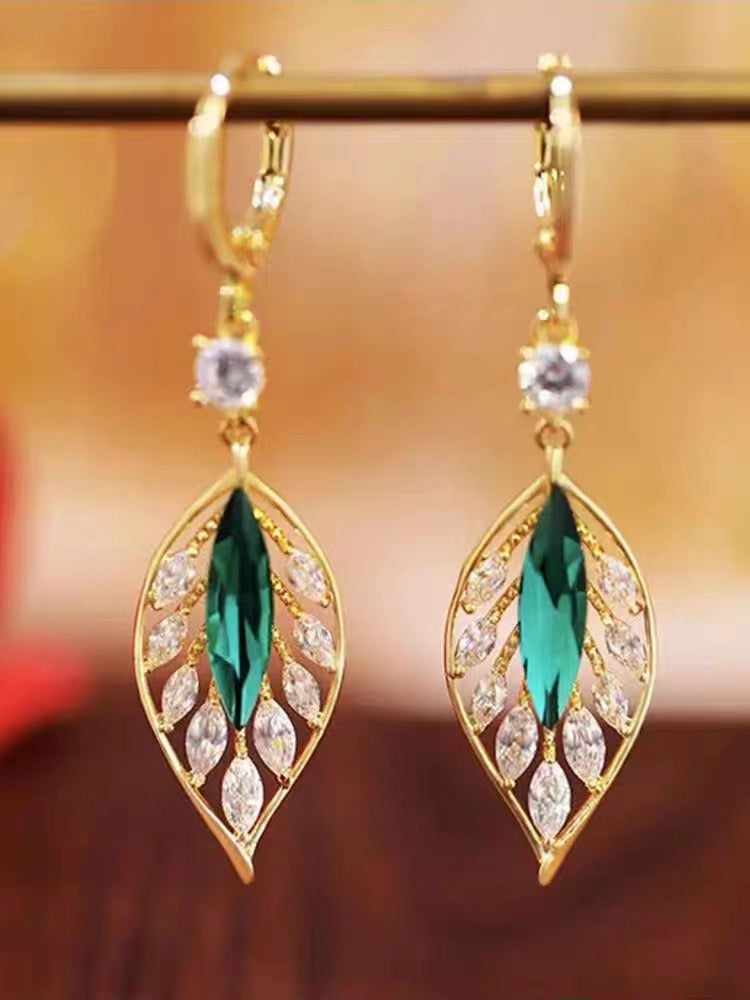 2023 new tide sparkle zircon green leaf tassel earrings light luxury senior fashion temperament earrings go with everything