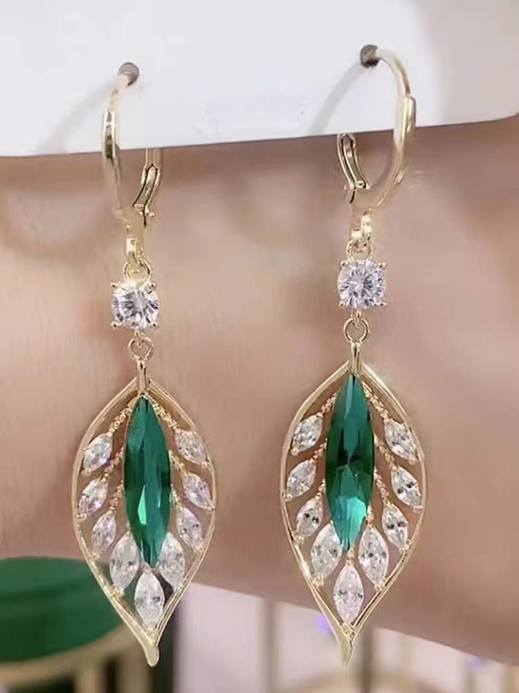 2023 new tide sparkle zircon green leaf tassel earrings light luxury senior fashion temperament earrings go with everything