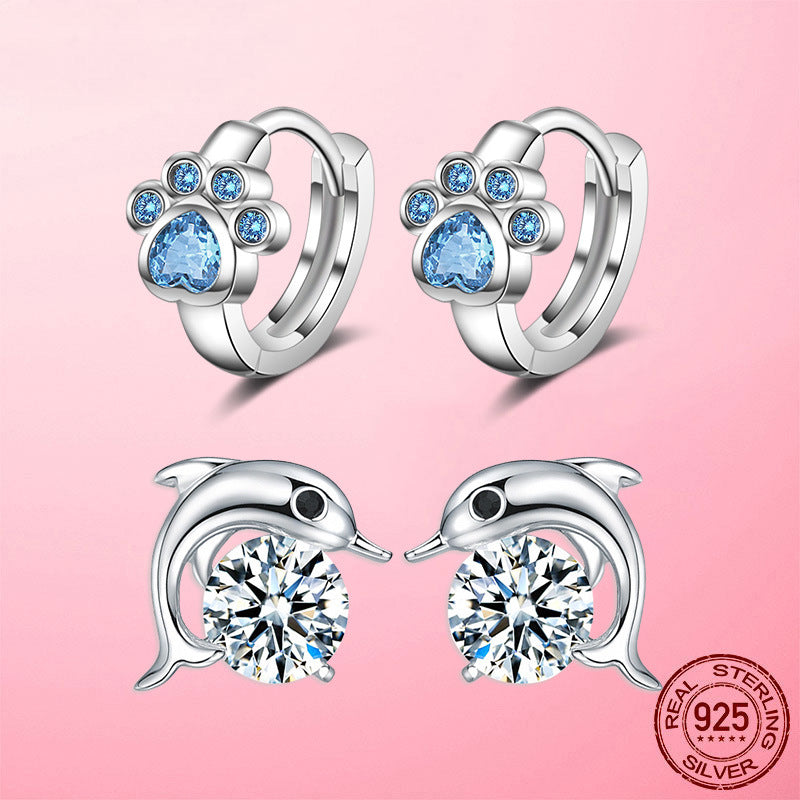 High Quality 925 Silver Blue CZ Animal Footprint Hoop Earrings for Women Dolphin Silver Earring Fashion Jewelry Making