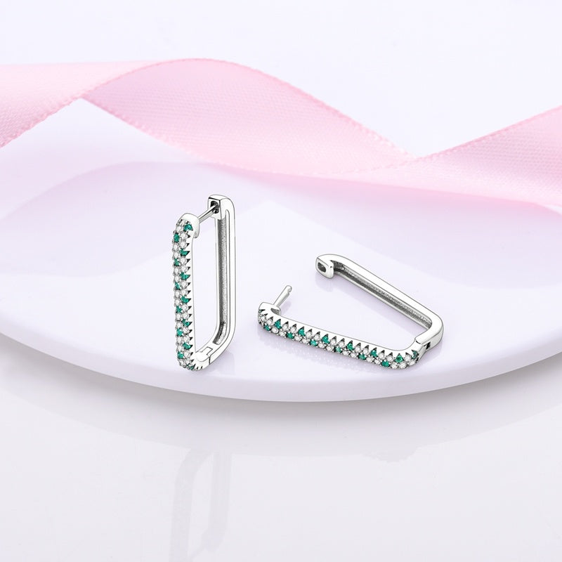 925 Sterling Silver Green Cubic Zircon U Hoop Earrings for Women Wedding Engagement Birthday Party Banquet Silver Jewelry Gift