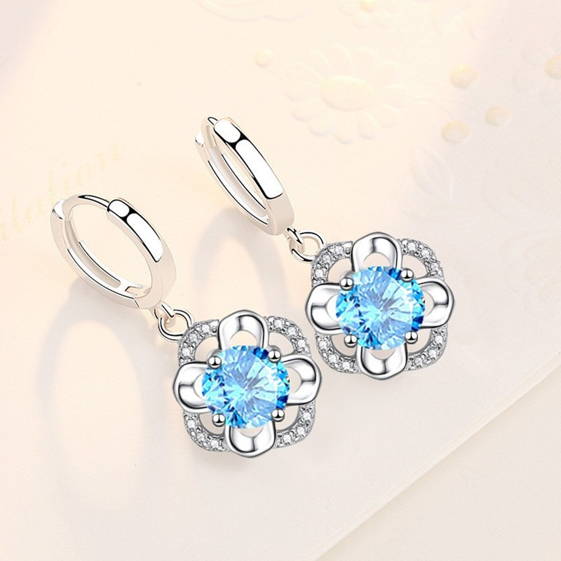 925 Sterling Silver New Woman Fashion Jewelry High Quality Blue Crystal Zircon Flower Earrings Hot Selling Earrings