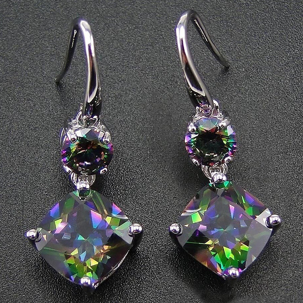 Elagant 925 Silver Plated Rainbow Mystic Topaz Drop Hook Earrings For Women Engagement Wedding Ear Jewelry