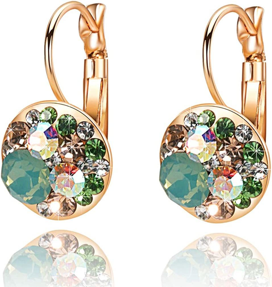 Multicolored Austrian Crystal Leverback Earrings for Women 14K Gold Plated Dangle Hoop Earrings Hypoallergenic Jewelry