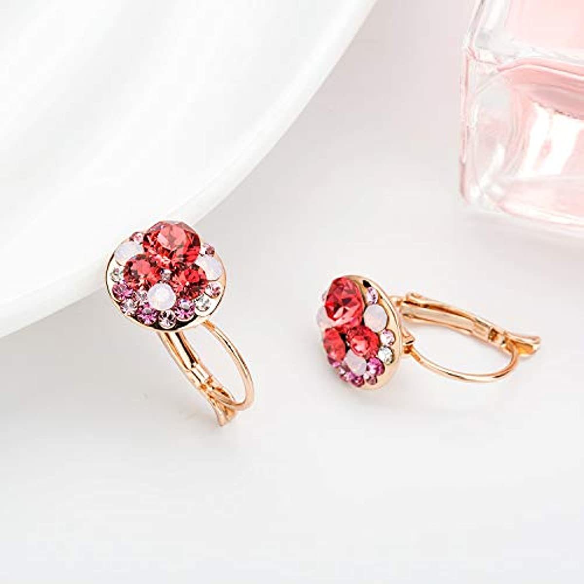 Multicolored Austrian Crystal Leverback Earrings for Women 14K Gold Plated Dangle Hoop Earrings Hypoallergenic Jewelry