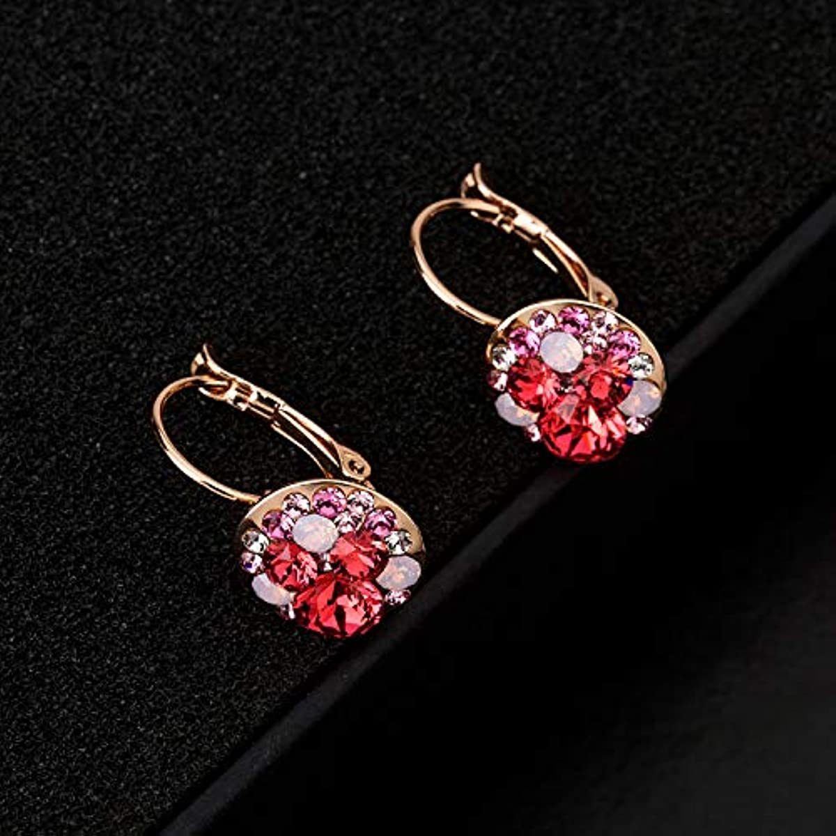 Multicolored Austrian Crystal Leverback Earrings for Women 14K Gold Plated Dangle Hoop Earrings Hypoallergenic Jewelry