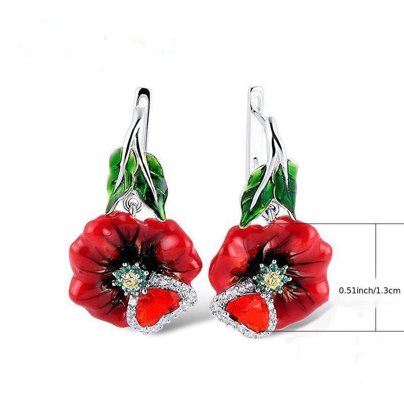 Red Flower Zircon Dangle Earrings For Women Romantic Wedding Party Jewelry