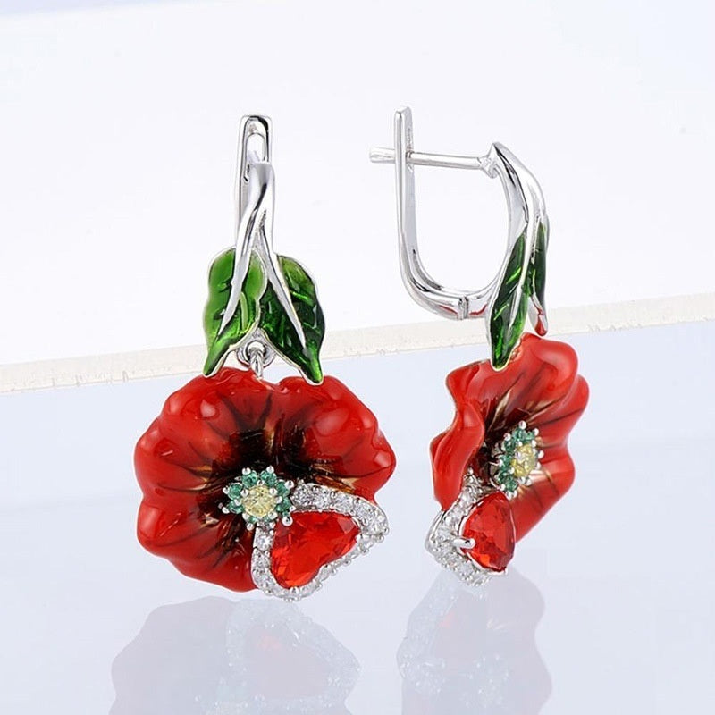 Red Flower Zircon Dangle Earrings For Women Romantic Wedding Party Jewelry