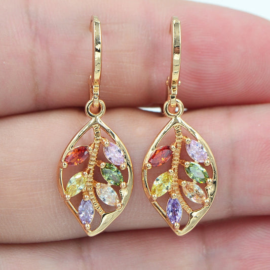 Multicolor Mystic Cubic Zirconia Women's Leaf Dangle Earrings Jewelry 14K Gold Plated Ear Decoration Gift