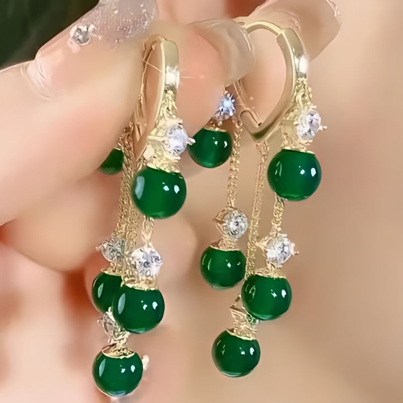 1 Pair Of Emerald Cat Eye Stone Tassel Earrings; Women's Jewelry