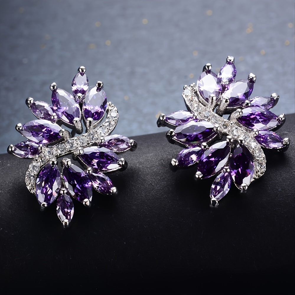 1pair Purple Zircon Stitch Composite Classic Elegant Floral Earrings Women's Earrings