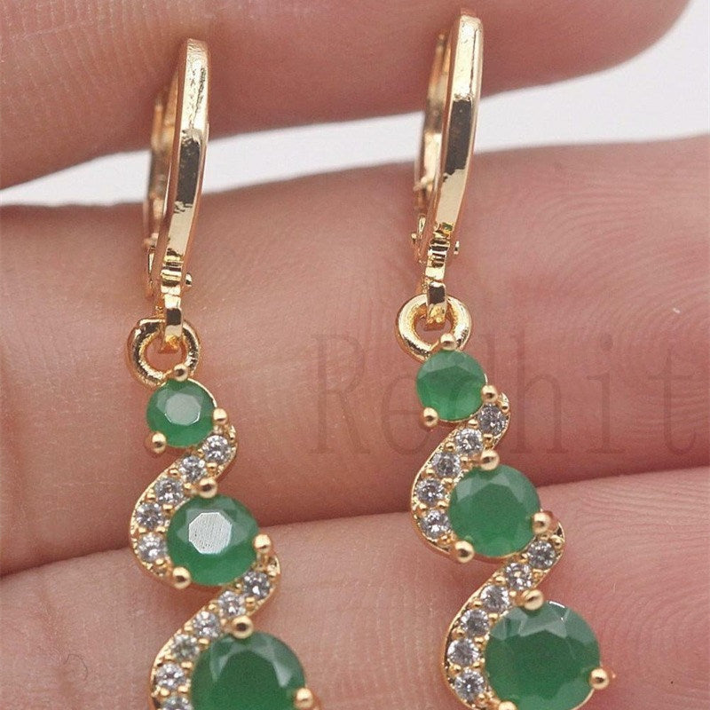 Vintage Swirl Round Green Stone Drop Dangle Earrings Women's Wedding Party Decor 14K Gold Plated 1Pair