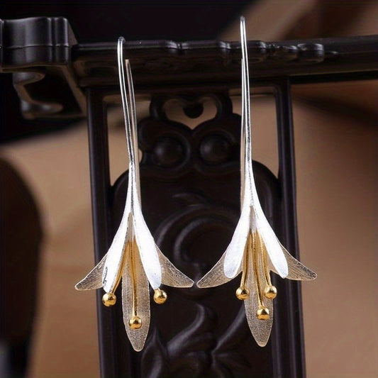 Female Fashion Vintage Blooming Flowers Plated Gold Two Tone 925 Silver Plated Dangle Hanging Engagement Jewelry Earrings