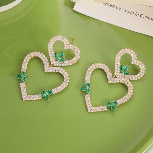 Exaggerated Diamond Double Heart Earrings Green Zircon Temperament Peach Heart Long Earrings