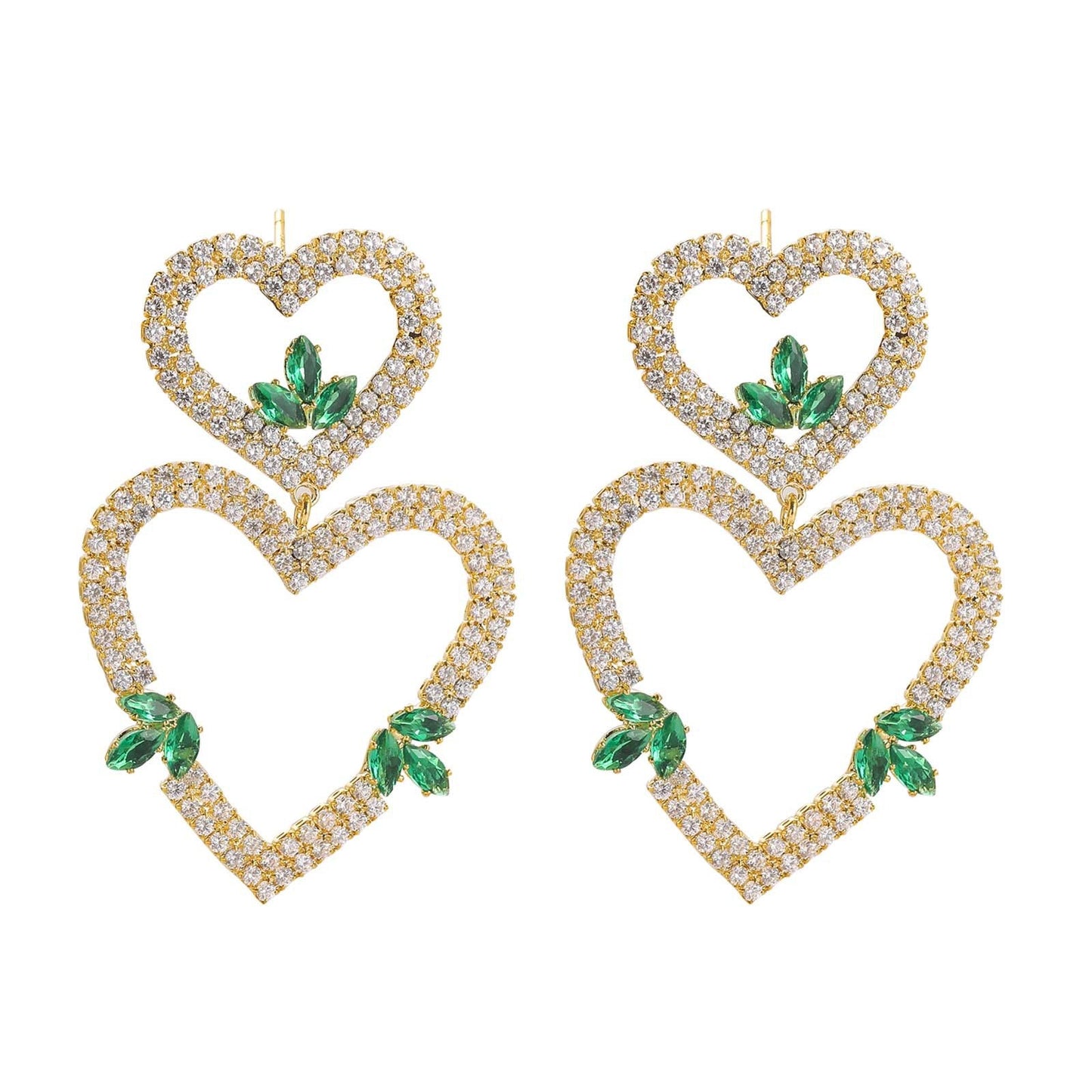 Exaggerated Diamond Double Heart Earrings Green Zircon Temperament Peach Heart Long Earrings