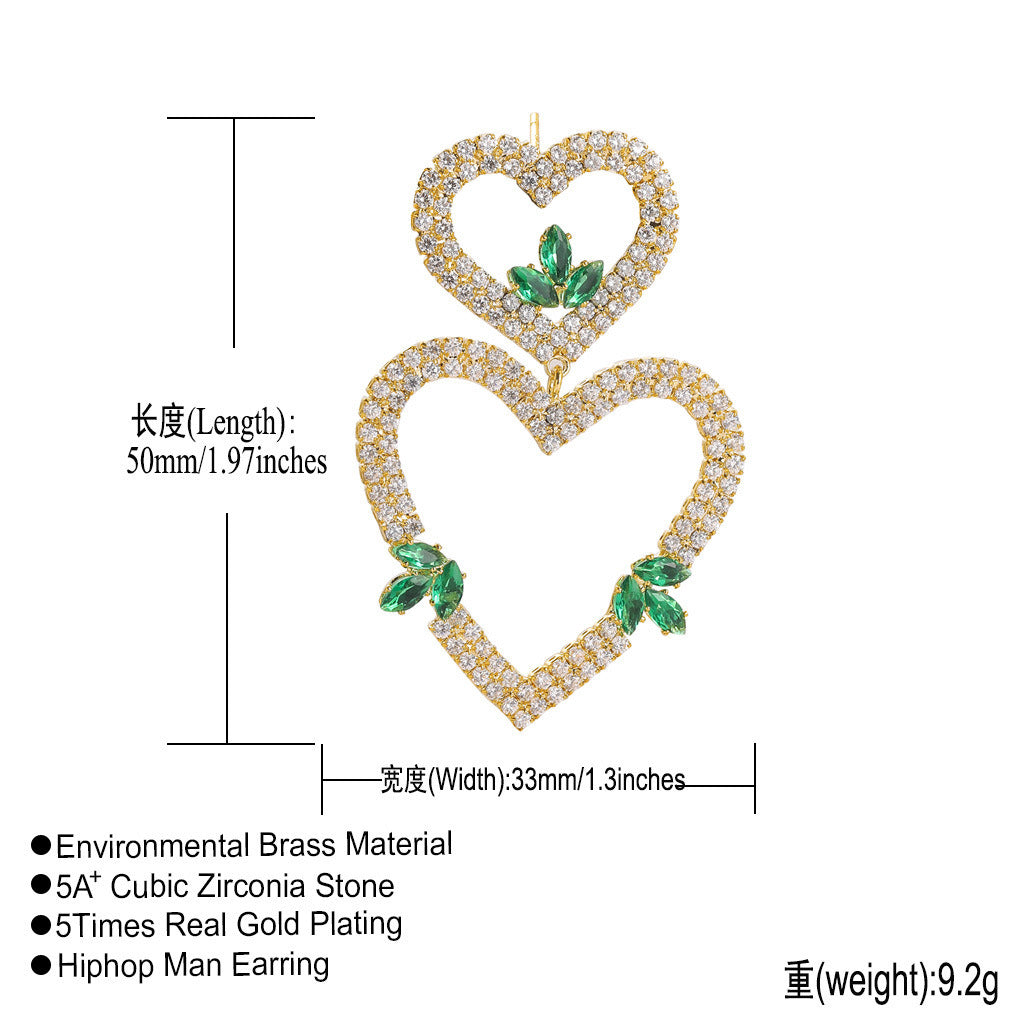 Exaggerated Diamond Double Heart Earrings Green Zircon Temperament Peach Heart Long Earrings