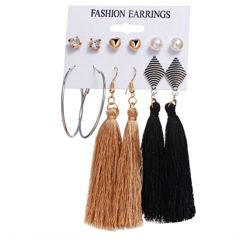 Bohemia Long Tassel Dangle Earrings Set Crystal Heart Simulated Pearl Earring