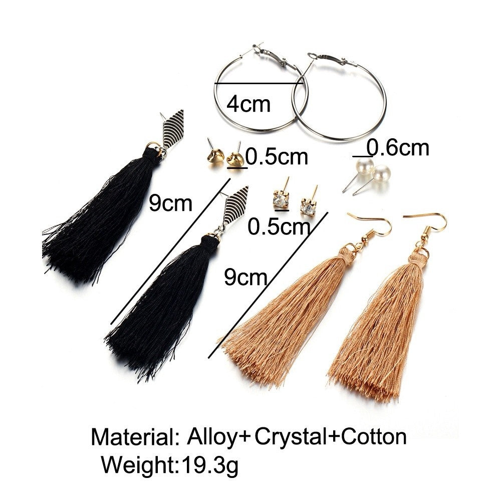 Bohemia Long Tassel Dangle Earrings Set Crystal Heart Simulated Pearl Earring