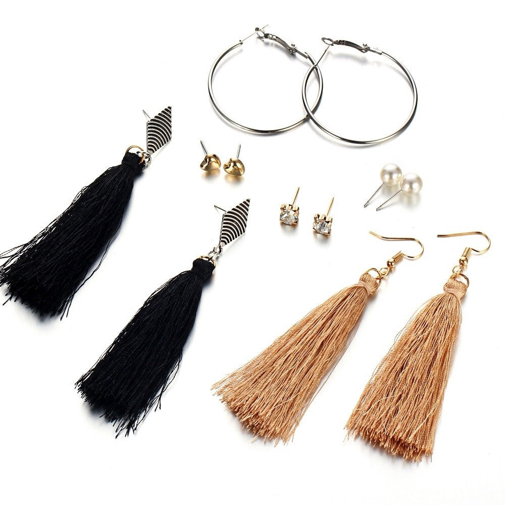 Bohemia Long Tassel Dangle Earrings Set Crystal Heart Simulated Pearl Earring