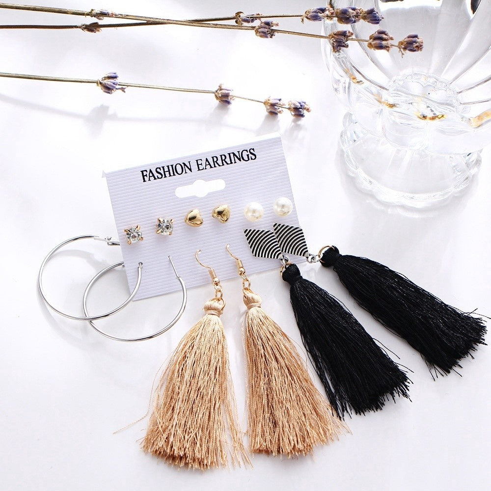 Bohemia Long Tassel Dangle Earrings Set Crystal Heart Simulated Pearl Earring