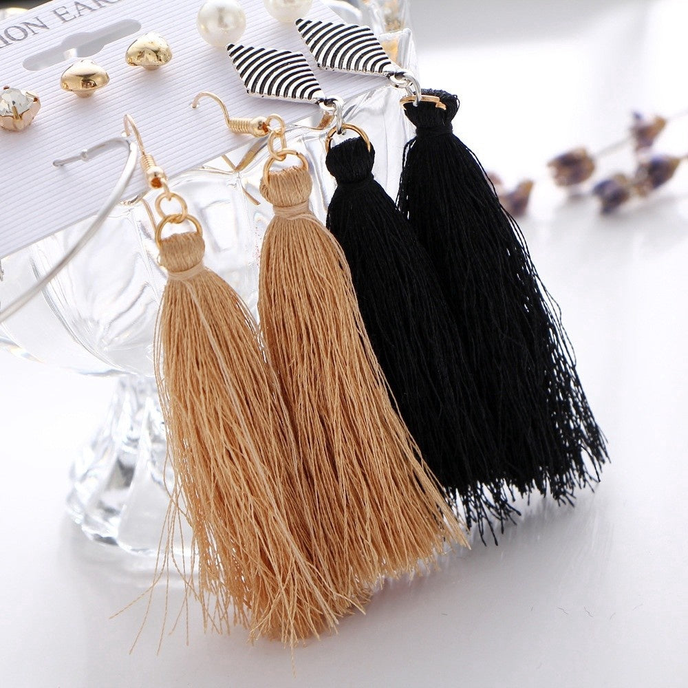 Bohemia Long Tassel Dangle Earrings Set Crystal Heart Simulated Pearl Earring