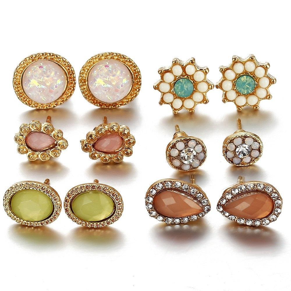 Bohemia Flower Stone Stud Earrings Set Fashion Cubic Zirconia Round Earring