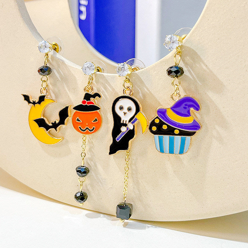 Cute Cartoon Bat Moon Ghost Pendant Earrings Fashion Enamel Charms Stud Ear Jewelry Halloween Gifts For Women Girls