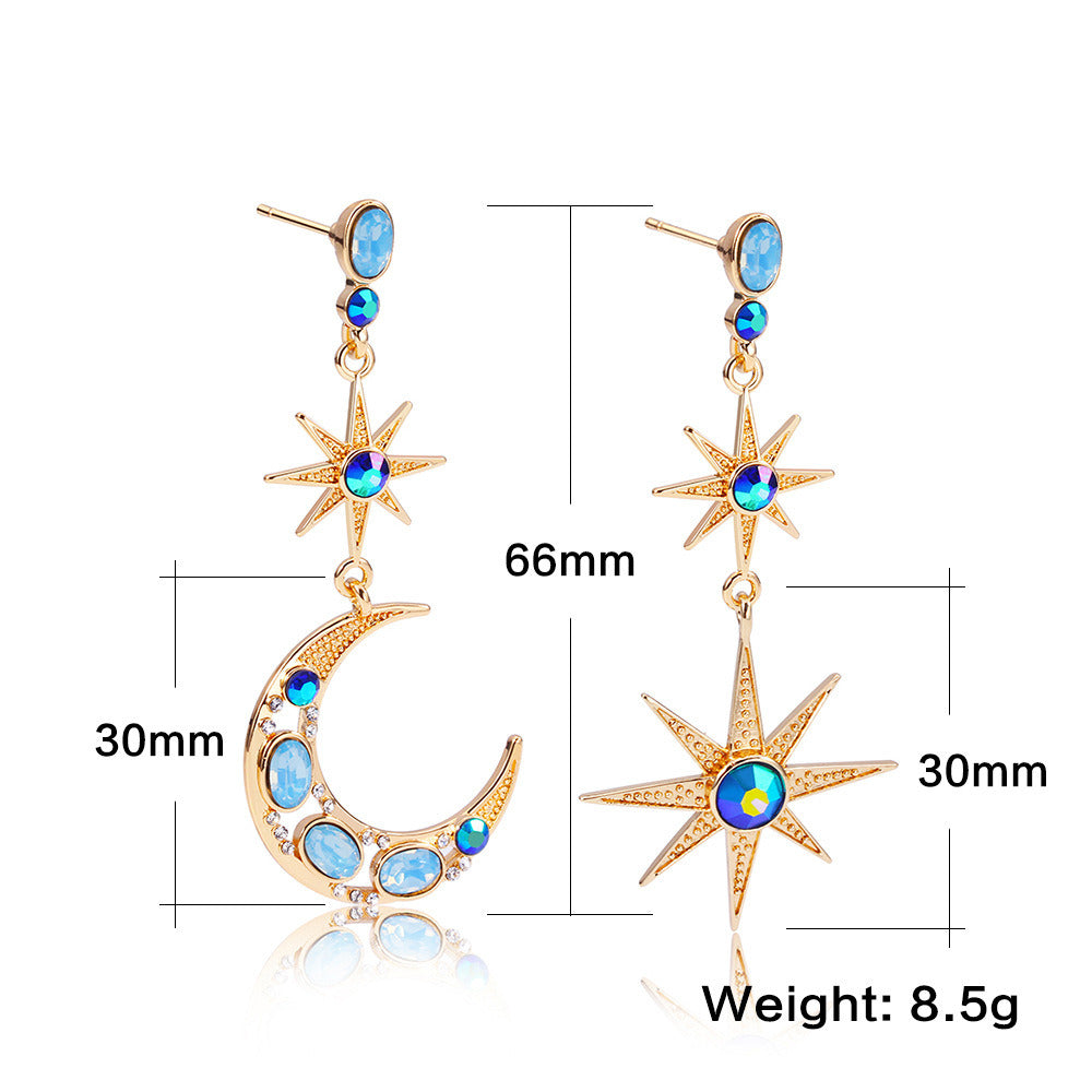 Asymmetric Star & Moon Stainless Steel Silver Stud Earrings